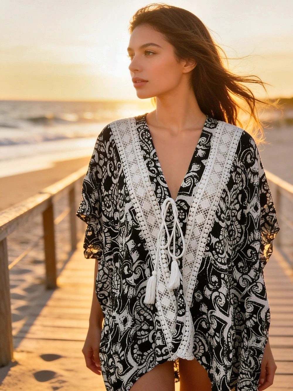 Vince Camuto Paisley Rayon Kimono Cover-Up in Black & White OS